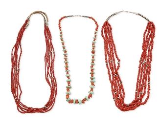 104
Mid/late 20th century
A Group Of Southwest Necklaces
Comprising a Pueblo multistrand coral necklace with mother of pearl accents and silver finishings (31.5" L), a Pueblo coral and graduated turquoise nugget necklace (29" L), a three-strand coral and silver bead necklace with silver bead terminals (29" L), and a similarly strung three-strand fine coral bead necklace with silver bead terminals (29" L), 4 pieces
Estimate: $500 - $700