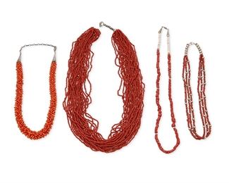 109
Mid/late 20th century
A Group Of Southwest Jewelry
Comprising a thick beaded coral necklace with silver cone finishing clasp (22" L), a single-strand heishi and coral necklace 26" L), a triple-strand coral and silver bead necklace (20" L), and a large multistrand coral necklace with silver bead clasp (29" L), 4 pieces
Estimate: $400 - $600