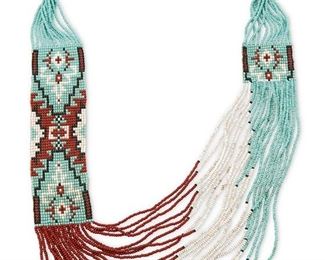 110
Late 20th century
A Southwest Beaded Necklace
Stamped to hangtag: RC; cones stamped: Sterling
Comprising a multistrand beaded necklace in turquoise, red, white, and black with asymmetrical panels in geometric designs and with sterling silver cone terminals
28" L x 3" H
Estimate: $200 - $300