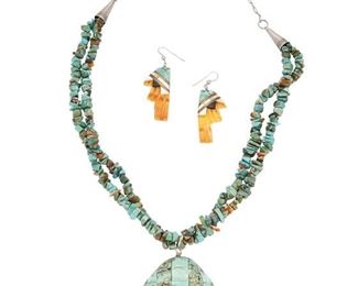 114
Mid/late 20th century, Kewa
A Santo Domingo Pueblo Necklace With Matching Earrings
Comprising a shell pendant with turquoise mosaic overlay suspended from a double turquoise stone strand necklace (18.5-25" L x 2.75" H x 2.5" W), together with a pair of matching shell overlay pierced earrings (Each: 2.5" H), 3 pieces
Estimate: $300 - $500