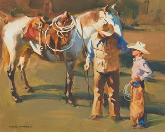 116
Xiang Zhang
b. 1954
"Father And Son"
Oil on canvas
Signed lower left: Xiang Zhang ©; titled on the stretcher
16" H x 20" W
Estimate: $1,000 - $2,000