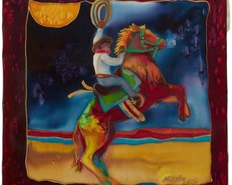 119
Nancy Cawdrey
b.1948
"Arno Rink Rides Jasper," 2002
Mixed media on silk over mat board
Signed and dated lower right: N. Cawdrey; signed again and titled in pen on the frame's backing paper
12" H x 12" W
Estimate: $1,000 - $1,500