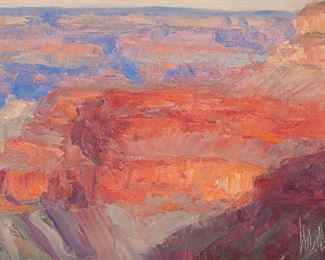 131
Michael B. Coleman
b. 1941
"Red Wall, Evening - Grand Canyon, AZ"
Oil on Masonite
Incised initials lower right: MBC; signed again, titled, and numbered verso: © M.b. Coleman / #1012
6" H x 8" W
Estimate: $1,000 - $2,000