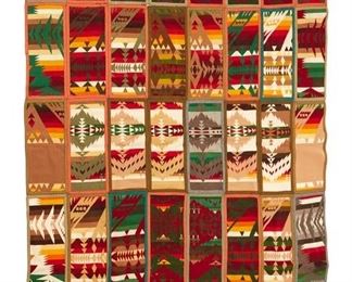 130
Mid-20th century
A Pendleton Salesman Sample Quilt
A large quilt comprising forty various multicolored wool design samples of Pendleton blankets with bound felt edges all joined together with overcast stitching
94" H x 70" W
Estimate: $300 - $500
