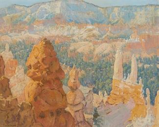 132
Ralph William Holmes
1876-1963
"Lost City, Bryce Canyon"
Oil on canvas
Signed lower left: Ralph Holmes; titled on gallery label affixed verso; titled again on label affixed on the frame verso
24" H x 28" W
Estimate: $2,000 - $4,000