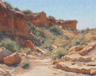 135
Matt Read Smith
b. 1960
"Red Point Canyon," 2007
Oil on panel
Signed lower left: Matt Smith; signed again, titled, dated, and with the ©, verso
10" H x 16" W
Estimate: $1,000 - $1,500