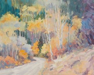 137
Rehle Higham
20th century
"Pastel Autumn"
Oil on linen board
Signed lower right: Rehle; signed again and titled verso
8" H x 10" W
Estimate: $200 - $400