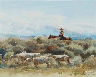 138
Grant Redden
b. 1961
"Trailing The Yearlings," 1994
Watercolor on artist's board
Signed and dated in pencil lower right: Grant Redden ©; titled in pencil on the frame's backing paper
10.125" H x 15" W
Estimate: $700 - $900