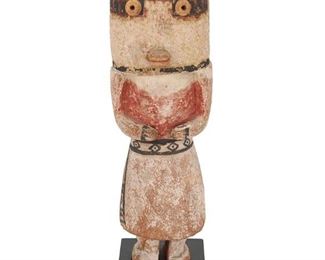 139
Circa 1913-1918; First Mesa Wàlpi, Polacca, AZ
A Hopi Snake Dancer Katsina Figure
Likely depicting a Snake Dancer, the standing katsina (kachina) figure of carved cottonwood, with traces of black and red pigments to the body and face, affixed to a modern black base
11.375" H x 3.75" W x 3.25" D; with stand: 12.625" H x 3.75" W x 3.5" D
Estimate: $3,000 - $5,000
