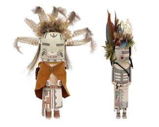 140
Two Hopi Katsina Figures
Two works:

Ryon Polequaptewa (b. 20th century, Hopi)
A Half-Clown Half-Corn katsina (kachina), 2007
Carved polychrome cottonwood and feathers
Signed and dated to underside: Ryon P. [with cipher] / 07
14.25" H x 4" W x 3" D

Philbert Honanie (b. 1966, Hopi)
A Badger katsina (kachina)
Carved polychrome cottonwood, feathers, hair, hide, and mother-of-pearl
Signed to underside: P.H. [with cipher]
15" H x 11" W x 4.75" D

2 pieces
Estimate: $200 - $400