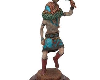 141
Duwayne Chee Sr.
b. 20th century, Hopi
"Navajo Yei Bi Chai," 2009
Carved and polychromed cottonwood on wood base
Signed, titled, dated and inscribed to underside: Navajo Yei Bi Chai / Carving of mythological / figure in the Navajo culture. / Duwayne Chee Sr. '09'
Overall: 16" H x 7" Dia.
Estimate: $200 - $400