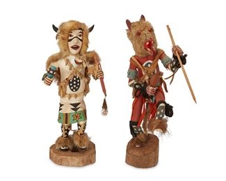 142
Two Hopi Katsina Figures
Two works:

Alfred Reed Sr. (b. 20th century)
"White Buffalo Dancer" katsina (kachina)
Carved polychrome cottonwood, feathers, fur, hide, and shells
Inscribed: "White Buffalo Dancer" / by: Alfred Reed Sr.
13" H x 6" W x 4.875" D

A "Wolf" katsina (kachina)
20th century
Inscribed illegibly to underside: W [?] Man / [?] W.W.T
Carved polychrome cottonwood, fur, hide, yarn, and shells
13.25" H x 6.25" W x 6" D

2 pieces
Estimate: $200 - $300