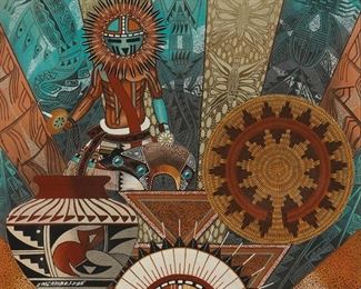 144
James M. Cambridge
b. 1954
Hopi Sun Figure With Pottery And Baskets
Navajo sandpainting on board
Signed lower left: J M Cambridge
23.75" H x 23.75" W
Estimate: $200 - $400
