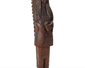145
20th century
A Cigar Store Native American Figure
The carved wood tobacconist trade figure depicting a man wearing a headdress and holding cigars
66" H x 12.5" W x 16" D
Estimate: $1,000 - $1,500