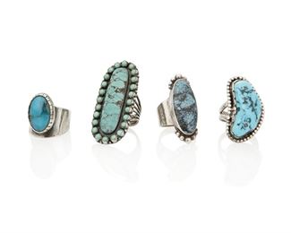 154
Late 20th century
A Group Of Southwest-Style Sterling Silver Rings
Four works:

A Herbert Ration Navajo large sterling silver and set turquoise ring
(b. 1948, Dine)
Stamped: H Ration / Sterling
Ring size: 9; 2" H

An Art Tafoya sterling silver ring with offset oblong bezel set turquoise stone
(b. 20th century, Yaqui)
Stamped: AT [conjoined] / Sterling
Ring size: 9.5

A sterling silver and set nugget turquoise ring
Stamped: S / Sterling
Ring size: 8.5

A sterling silver and set turquoise oval ring with beaded top edges
Stamped: Sterling
Ring size: 8

4 pieces
65.7 grams gross
Estimate: $400 - $600
