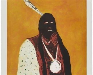 182
Fritz Scholder
1937-2005, Luiseno
"Indian Portrait In Roma," 1978
Etching and aquatint in colors on Magnani paper
Edition: 72/90
Signed and numbered in pencil in the lower margin: Scholder; 2RC Editrice, Rome, Italy, pub. and with their blindstamp in the lower left margin corner
Plate: 47.25" H x 38.75" W; Sheet: 63" H x 44" W
Estimate: $3,000 - $5,000