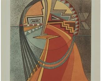 185
Helen Hardin
1943-1984, Santa Clara Pueblo
"Changing Woman" From The "Woman Series," Circa 1980
Etching and aquatint in colors on thick, grayish-green paper
Edition: 11/65
Signed with the artist's Tewa name and device in pencil in the lower margin: Tsa-Sah-Wee-Eh; with the blindstamps of the printers in the lower margin
Plate: 23.625" H x 17.75" W; Sheet: 30.375" H x 21.75" W
Estimate: $2,000 - $3,000