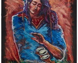 186
Darren Vigil
b. 1959
"Woman & Her Conscience," 1989
Oil pastel on paper
Signed in pencil at the lower edge, at center: Darren ©; signed again, titled, dated, and inscribed on the frame's backing paper: To Mark & Cary, "I've always wanted to be fed with some desire of enthusiasm"
Image/Sheet: 44" H x 30" W
Estimate: $800 - $1,200