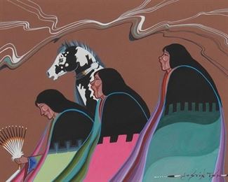 193
Justin Tso
b. 1948, Dine
"The Purple Bealle," 2002
Acrylic on brown paper
Signed lower right: Justin Tso; titled on an exhibition label affixed to the frame's backing paper; titled again on an exhibition ribbon affixed verso
Sight size: 10.75" H x 17.375" W
Estimate: $300 - $500