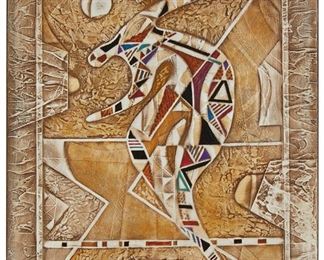 194
Neal Doty
1941-2006
"The Expanding Man," 2002
Acrylic on embossed and collaged canvas
Signed lower right: Doty; signed again, titled, and dated, verso: Neal V. Doty ©
24" H x 20" W
Estimate: $600 - $800