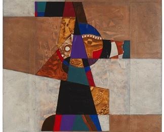 196
Neal Doty
1941-2006
"Montezuma," 2002
Acrylic on embossed and collaged canvas
Signed lower right: Doty; signed again, titled, dated, and inscribed, verso: © Neal V. Doty / Surprises in all sizes
35.75" H x 30" W
Estimate: $700 - $900