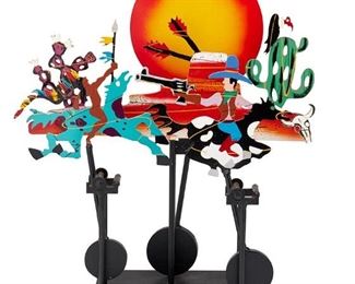 204
Frederick Prescott
b. 1949
Mesa Sunset With Figures On Horseback, 1998
Painted steel kinetic sculpture
Edition: 27/50
Signed to base: Prescott/ '98; further impressed: 27/50 / © Prescott
21.25" H x 18" W x 8.25" D
Estimate: $500 - $700