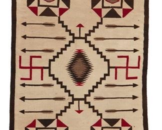 205
Early/mid-20th century; Dine
A Navajo Storm Pattern Variant Rug
Woven in brown, cream, red, and grey wool in a stylized storm pattern with central diamond and with whirling logs and arrow motifs
53" H x 41.5" W
Estimate: $800 - $1,200