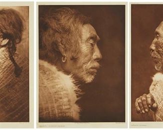 209
Edward S. Curtis (1868-1952)
"Koskimo Woman," Plate 354 from "The North American Indian" Volume 10
Photogravure on Japanese vellum
Edition printed after the 1914 original photograph copyrighted by Curtis; with the title, plate number, copyright, publisher, and artist name all printed in the blank outside the image
Image: 15.25" H x 10.5" W; Sheet: 22" H x 18" W

"Yákotlus - Quatsino (Profile)," Plate 346 from "The North American Indian" Volume 10
Photogravure on Japanese vellum
Edition printed after the 1914 original photograph copyrighted by Curtis; with the title, plate number, copyright, publisher, and artist name all printed in the blank outside the image
Image: 15.25" H x 11" W; Sheet: 22" H x 18" W

"Tsulniti - Koskimo," Plate 363 from "The North American Indian" Volume 10
Photogravure on Japanese vellum
Edition printed after the 1914 original photograph copyrighted by Curtis; with the title, plate number, copyright, publisher, and artist name all printed in the blank outside