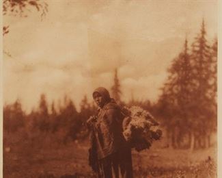 211
Edward S. Curtis
1868-1952
"Moss For The Baby - Bags - Cree," Plate 625 From "The North American Indian" Volume 18
Photogravure in brown on tissue-thin Japanese paper
From the Suffolk Engraving Co., Cambridge MA edition printed after the 1926 original photograph copyrighted by Curtis; with the title, plate number, copyright, publisher, and artist name all printed in the blank outside the image
Image: 15.5" H x 11.5" W; Sheet: 17.25" H x 12.5" W
Estimate: $500 - $700