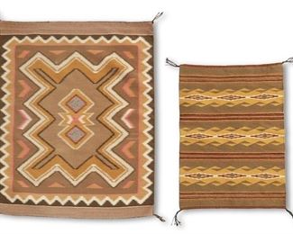 212
Mid/Late 20th century; Dine
Two Navajo Chinle Rugs
Comprising a Moe Nez Chinle rug with central double serrated diamonds and zigzag serrated borders, woven in beige, brown, pink, and gold wool, as well as a smaller Chinle rug with striped and diamond banding, woven in olive, russet, gold, cream, and dark red wool, 2 pieces
Larger: 46" H x 36.75" W; Smaller: 34" H x 23.75" W
Estimate: $300 - $500