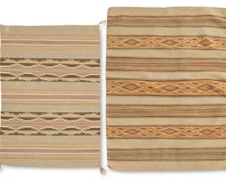213
Late 20th century; Dine
Two Navajo Chinle Blankets
Comprising two Navajo Chinle blankets with banded designs and woven in yellow, pink, gold, tan, brown and grey wool dyed with natural vegetal dyes, the larger woven by Mary Hale, 2 pieces
Larger: 46.5" H x 34.5" W; Smaller: 39.5" H x 27.25" W
Estimate: $300 - $500