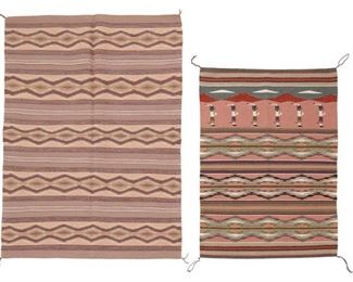 216
Mid/late 20th century; Dine
Two Navajo Textiles
Comprising a figural Wide Ruins-style mat woven in multicolored wool with six Yei figures in a landscape and multicolored diamond banding (36.5" H x 25' W), and a Crystal-style rug woven in various pinks and pale lilac wool with five bands of conjoined serrated diamonds on pink (46.75" H x 33" W), 2 pieces
Estimate: $500 - $700