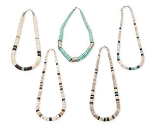 234
Late 20th century
A Group Of Southwest Pueblo Style Heishi And Turquoise Necklaces
Each barrel bead stamped: NC [for Nancy Custer, Dine]
Comprising four various graduated shell disc necklaces with turquoise accents (Largest: 18" L), and one graduated turquoise disk necklace with Navajo silver barrel accent beads by Nancy Custer (16.5" L), 5 pieces
Estimate: $200 - $400