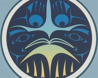 236
Susan Point
b. 1942, Coast Salish
"Imich Siiyem," 1997
Screenprint in colors on paper
Edition: Artist Proof 20/50, aside from the edition of 500
Signed, titled, dated, and numbered along the lower margin: Susan A. Point
Image: 11.875" Dia.; Sight: 13" Dia.
Estimate: $200 - $300