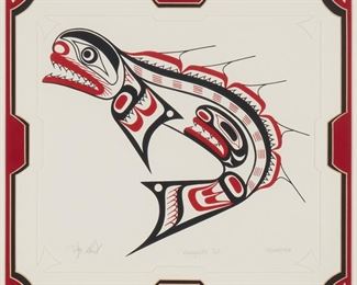 237
Tony Hunt Sr.
1942-2017, Kwakwa_ka_'wakw Canadian
"Kwagulth Eel," From "Kwakiutl Suite," 1983
Screenprint in colors on paper
Edition: 149/295
Signed, titled, dated, and numbered in pencil in the lower margin
Sight: 9.25" H x 10.25" W
Estimate: $200 - $300