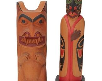 238
Two Northwest Coast Carved Cedar Totem Figures
Two works:

Wilfred Sampson
(b. 1957, Gitxsan)
"Bear Totem," 1999
Cedar and pigments
Signed, dated, and titled: W. Sampson / 99 / "Bear Totem"
11.75" H x 4.25" W x 3.5" D

John Charles August
(b. 20th century, Squamish Coast Salish)
Robed figure with owl mask
Cedar and pigments
Signed and inscribed: John Charles August / Squamish Coast Salish
14.25" H x 5" W x 4.25" D

2 pieces
Estimate: $500 - $700