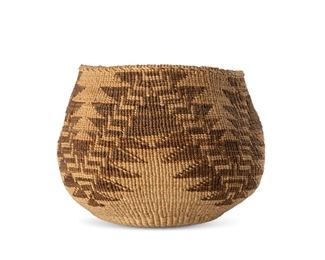 242
20th century; Northern California
A Hupa/Yurok/Karuk Basket
A twined bowl with stepped centipede motifs
4.5" H x 5.5" Dia. approximately
Estimate: $200 - $400