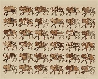 251
Anthony Chee Emerson
b. 1963, Dine
"Thirty-Six Buffaloes"
Etching and aquatint in brown on paper
Edition: 8/75
Signed, titled, and numbered in pencil in the lower margin: Anthony Chee Emerson; an unidentified blindstamp in the lower margin, at left.
Plate: 17.5" H x 23.875" W; Sight: 19.25" H x 25.75" W
Estimate: $200 - $300