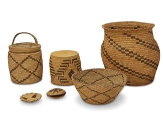 254
Mid-20th century or earlier; Tohono O'odham, Arizona USA
A Group Of Papago Baskets
Six coiled basketry items comprising a large olla form basket with swirling stepped columns radiating from base (15.5" H x 15.5" Dia.), a lidded handled basket with lattice motif (13" H with handle x 8.5" Dia.), a tall flat-lidded basket with three floating diamonds and stepped hooked motifs (7.75" H x 8.5" Dia.), a wide bowl basket with lattice motif (5.5" H x 12.5" Dia.), a small eagle-motif basketry pouch formed of two coiled discs stitched together (1.5 ' H x 4.75" Dia.) and a small tray with three stepped motifs (1" H x 4.75" Dia.), 8 pieces
Estimate: $600 - $900