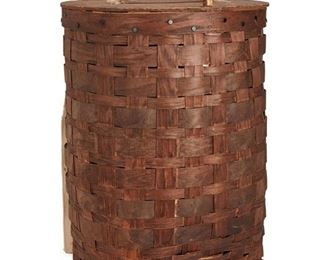 256
Mid/late 20th century
A Clint Ishman Oak Splint Trappers Pack Basket
Marked to base splint: Clint Ishman / Basket Shop / R. I, / Corsica / Pa. / 158_9
With a solid plywood top and carved wooden latch, black rivets, and with cotton webbing straps and handle and wooden runners to base
20.5" H x 15.5" W x 12.75" D
Estimate: $100 - $200