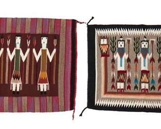 257
Late 20th century; Dine
A Pair Of Navajo Mats
Comprising a Navajo Yei mat woven in multicolored wool with three yei figures surrounded by brown and blue banding with black banding at each end (22" H x 27" W), and a Navajo Yei mat woven in grey, cram, black, and multicolored wool with three figures and rainbow god with black and white serrated border (20" H x 25" W), 2 pieces
Estimate: $400 - $600