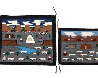 258
Late 20th/21st century; Dine
Two Navajo Pictorial Textiles
Comprising a small pictorial mat woven in multicolored wool with cattle, hogan, sheep, campfire and figures (21.75" H x 25" W), and a smaller pictorial mat woven with multicolored wool with cattle, pick up truck, hogan, lake, sheep, and figures (15.5" H x 18.5" H), 2 pieces
Estimate: $400 - $600