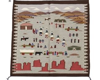 260
Late 20th century; Dine
A Navajo Pictorial Textile
Woven in grey, pink, cream and multicolored wool with Yei figures to valley center and farm wagons, animals, and people scattered throughout
38.5" H x 35" W
Estimate: $300 - $500