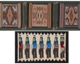 262
Late 20th century; Dine
A Group Of Framed Navajo Textiles
Two framed works, each mounted in a carved wood handmade frame:

Vivian Blueeyes
(b. 20th century, Burntwater Dine)
A framed Navajo Yei textile with seven figures woven in grey, cream blue, purple and rust wool
14" H x 22" W approximately

Sarah Van Winkle
(b. 20th century, Dine)
Comprising three framed Navajo mats each woven in multicolored wools and each with a central diamond motif
Each mat: 12.5" H x11.5" W

4 textile pieces total
Estimate: $500 - $700