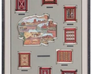 263
Late 20th century; Dine
A Shadowbox-Framed Group Of Navajo "Legacy Of Spider Woman" Southwest Textile Examples
Comprising fourteen miniature Navajo textiles representing the various trading posts and weaving design areas with a hand-painted map of the Southwest denoting each location, with textiles and map each float-mounted within a custom-cut window opening, all within a custom shadowbox frame
Each sample: 3.75" H x 2.75" W; frame: 51.375 " H x 27.75" W x 2.25" D
Estimate: $700 - $900
