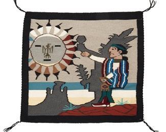 264
Late 20th/21st century; Dine
A Navajo Pictorial Textile
Woven in grey, green, blue, black, yellow, brown and cream wool depicting a large shadowed figure in a Southwest landscape
29" H x 29" W
Estimate: $200 - $400