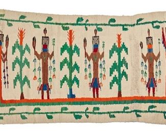 265
Mid-20th century or later; Dine
A Navajo Yei Weaving
Woven in green, brown, orange, blue, red, grey, and cream wool with three standing figures and three corn stalks surrounded by a Rainbow Guardian, with a vine border
38" H x 65" W
Estimate: $200 - $400