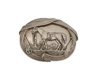 268
20th century
A Large Silver-Plated Horse Belt Buckle
Spuriously stamped to bar
A large oval buckle featuring a horse tethered to a post in a landscape, bordered by interlaced strapping
3.25" H x 4.25" W<br />241. 6 grams
Estimate: $200 - $300
