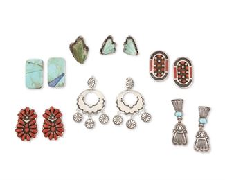 273
Late 20th/21st century
A Group Of Southwest Silver Earrings And Ring
Each variously marked for artist and/or for sterling; three further marked: 18K / 14K
Seven works comprising six pairs of earrings including a pair of Jennie Vicente (Zuni) cluster-set coral earrings (1.625" H x 1" W), a pair of Jobeth D. Mayes (Zuni) coral set stone and inlay oval earrings (1.625" H x 1" W), a pair of Art Tafoya (Yaqui) stamped silver and turquoise dangle earrings (2.25" H), a pair of Aaron Toadlena stamped Navajo silver open disc drop earrings (Dine; 2.75" H), a pair of signed rectangular silver earrings with turquoise and lapis inlay (1.5" H x 1" W; dated: 2002), and a pair of Jolene Eustace Pueblo sterling silver, 14k and 18k yellow gold earrings with carved set turquoise (Cochiti; 1.125" H), together with a similar textured sterling silver and 18k gold ring with set carved turquoise (Ring size: 8; 1.625" H), 13 pieces
132.2 grams gross
Estimate: $300 - $500