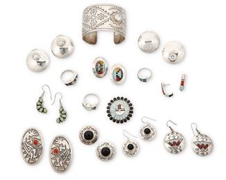 275
Mid/late 20th century
A Group Of Southwest Jewelry
Fourteen works:

Verdel and Esther Niiha
(b. 20th century, Zuni)
Etched signature to reverse
A Sunface brooch/pendant with stone inlay including opal
1.375" Dia.

A mixed set of Navajo silver jewelry including a wide silver cuff with stamped motif and set rhinestone together with two pairs of similar disc earrings
Cuff stamped: JC/ Navajo / sterling; one earring stamped: KBN / Ster
Cuff: 6.375" total inner C x 1.625" H, with a 0.875" gap; each earring: 1.25" Dia.
5 pieces

A group of sterling silver opal and stone inlay rings in various designs
Each stamped: Sterling; two further stamped: Tèmè [for Sunburst Handcrafts, Inc.]
Two: ring size: 8; one: ring size: 6
3 pieces

Seven pairs of earrings including a pair of C S Lonjose stone inlay pierced earrings, a pair of E Herbert stamped disc earrings, a pair of "P" oval stone inlay earrings, a pair of row-set opal dangle earrings, a pair of Kokopelli silver overlay earrings with set co